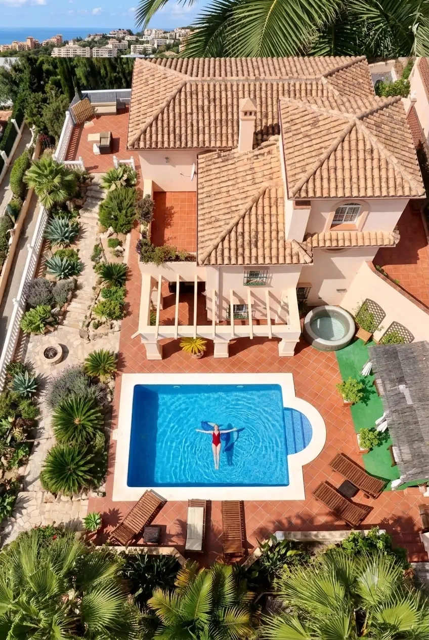 Villa Larimar, vista aérea con piscina y jardines